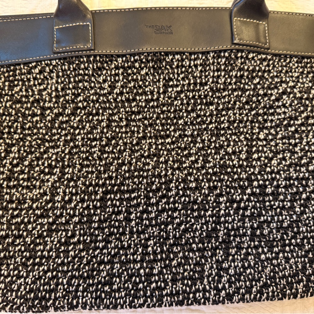 The Sak/ Elliott Lucca Black/ White Knit Bag w/ Black Leather Handles / Trim - Picture 2 of 8